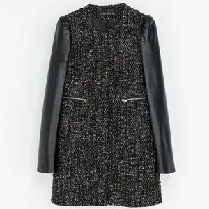 ZARA tweed boucle leather sleeve coat